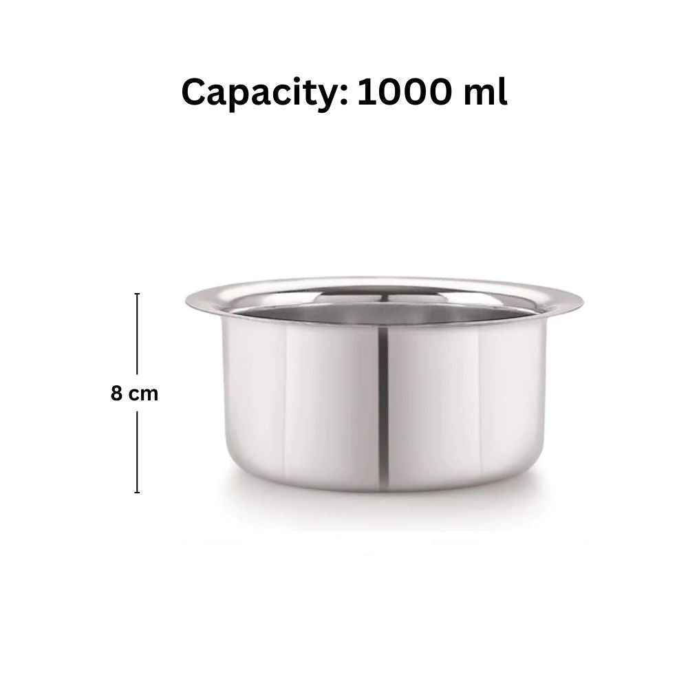Bengani Stainless Steel Tope 1000 ML | 18 Gauge Heavy Duty Tapeli |Flat Bottom Pateli for Milk and Soups| Lifetime Guarantee