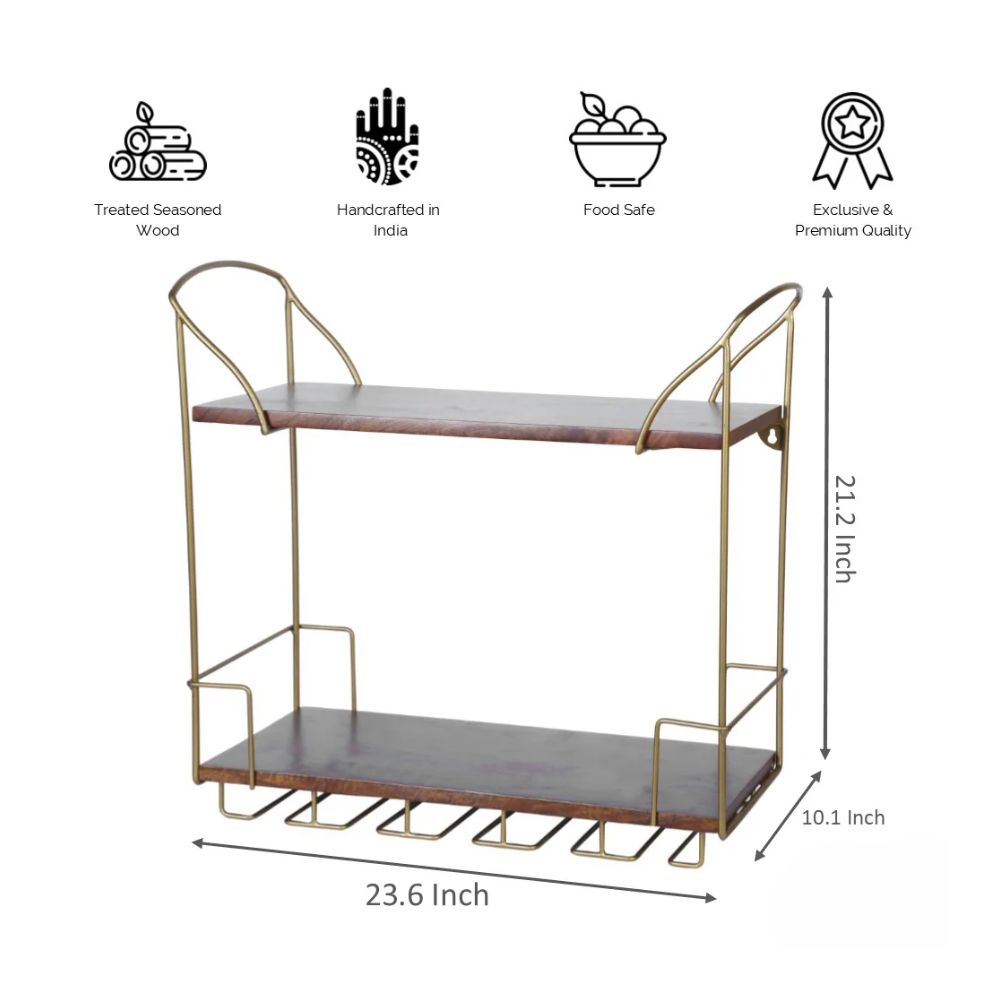Softel Gold Finish Wood Shelf with Wine Glass Holder - 5