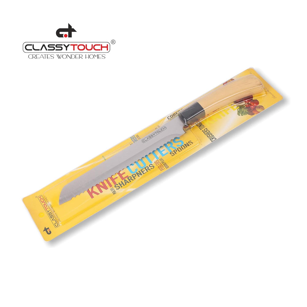 Classy Touch Stainless Steel Bread Knife with Wood Textured ABS Plastic Handle - 6