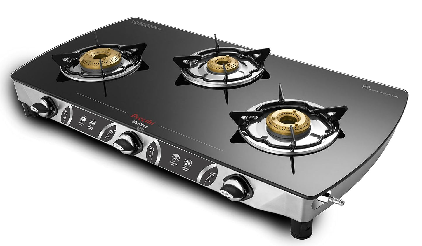 Preethi Blu Flame Blaze Glass top | 3 Burner Gas Stove | Manual Ignition | Black & Silver