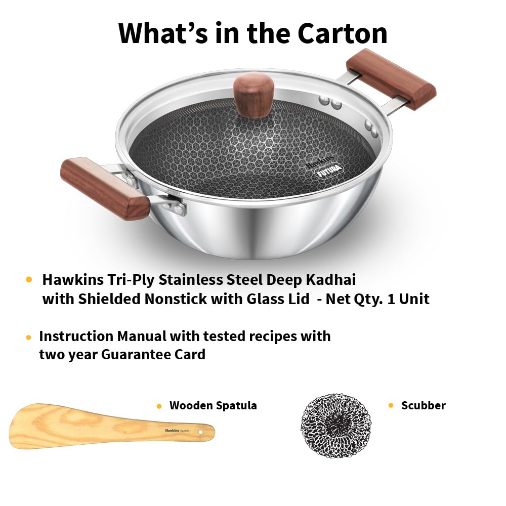 Hawkins Triply Stainless Steel Shielded Nonstick 2.5 Litre Deep Kadhai with Glass Lid - 12