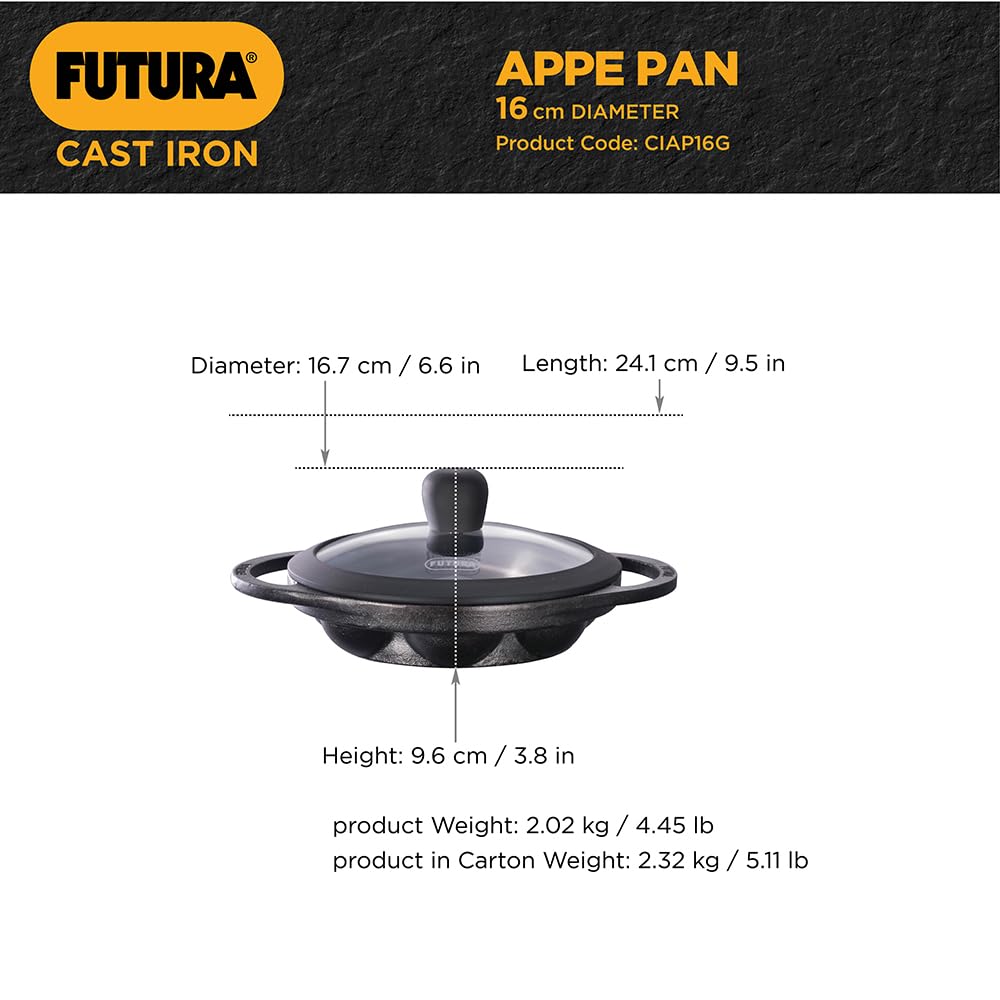 Hawkins Futura Die Cast Non Stick 16 cm Appe Pan with Glass Lid | 8 Cups | Paniyarakkal | Gas & Induction Compatible | Black