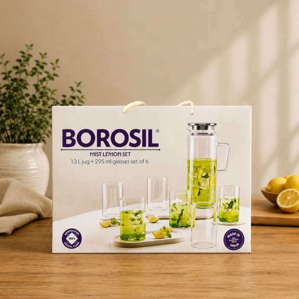 Borosil Mist Lemon Set - 1300 ML Jug + 235 ML 6 Glasses - 3