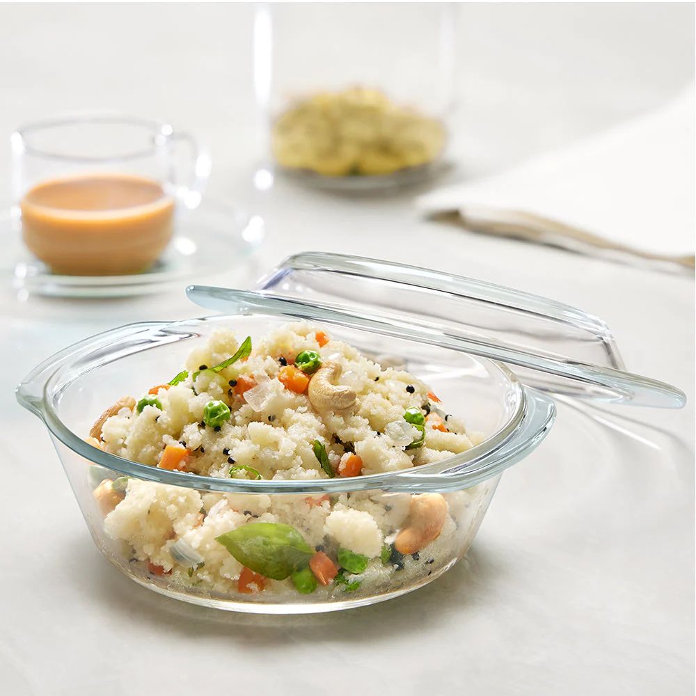 Borosil Round Casserole with Lid Microwave Safe Oven Safe Transparent Pc