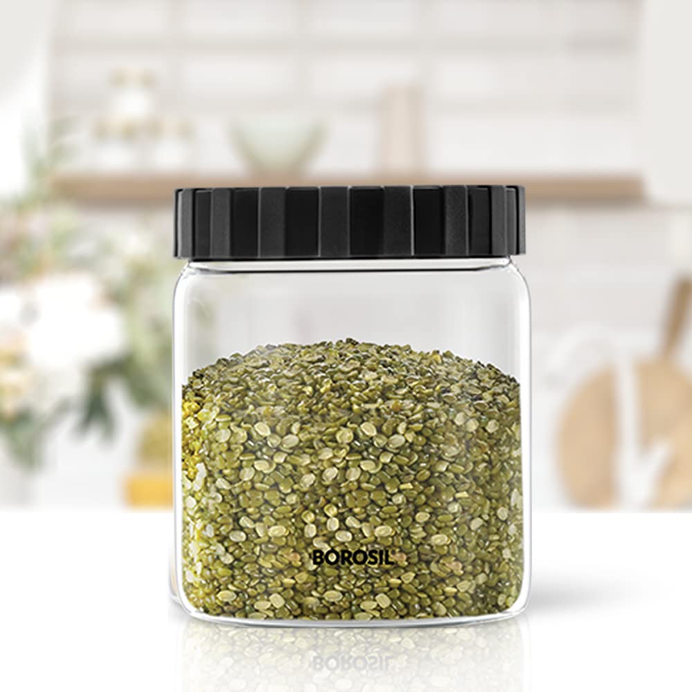 Borosil Endura Airtight Glass Storage Jar with PP Black Lid Transpar