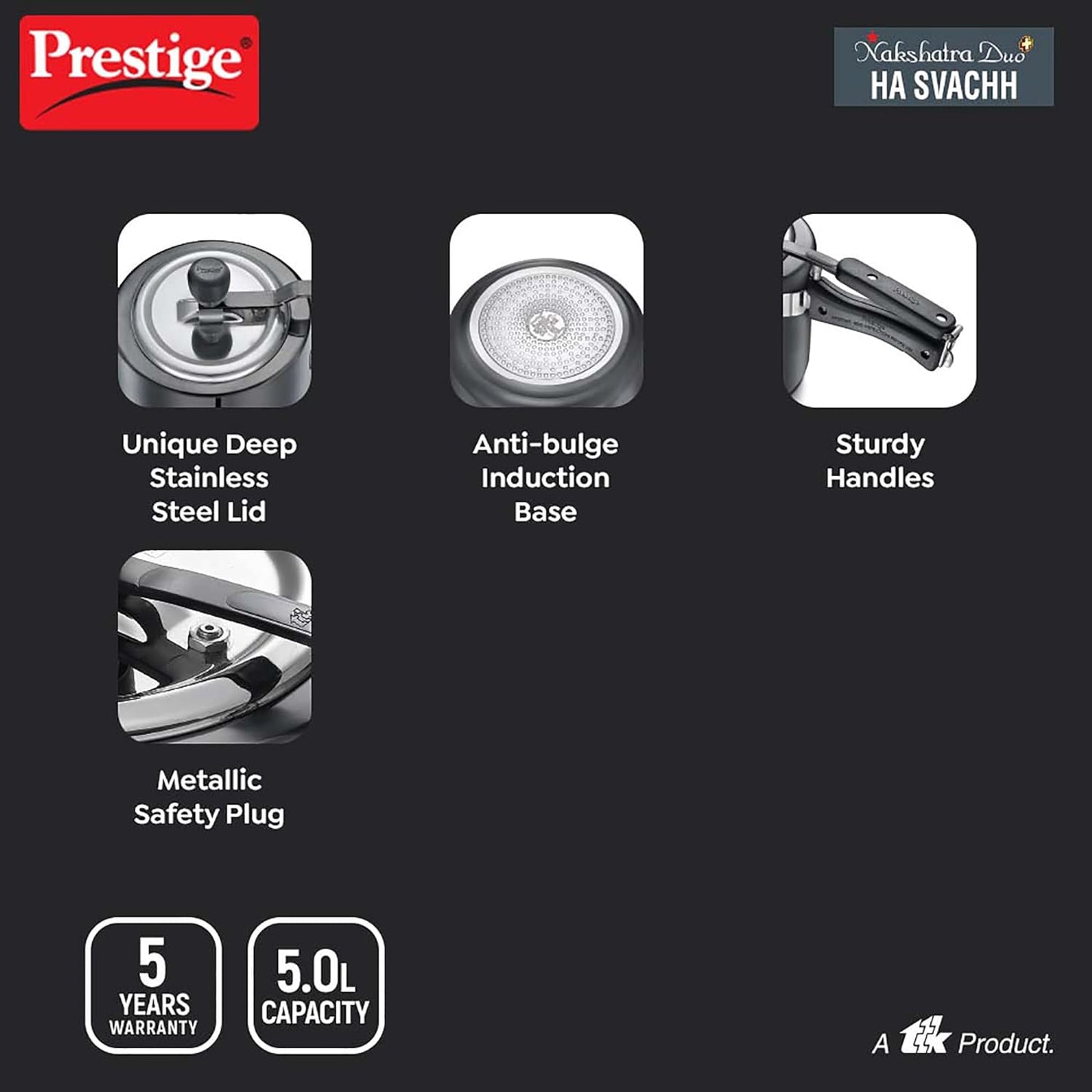 Prestige Nakshatra Duo Plus Svachh Hard Anodised Aluminium Pressure Cooker | Induction Compatible | Black