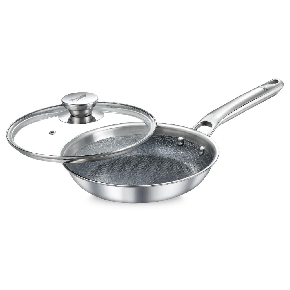 Prestige Tri-ply HexaMagic Ceramic Fry Pan with Glass Lid | Durable Honeycomb Structure | Gas & Induction Compatible | Silver