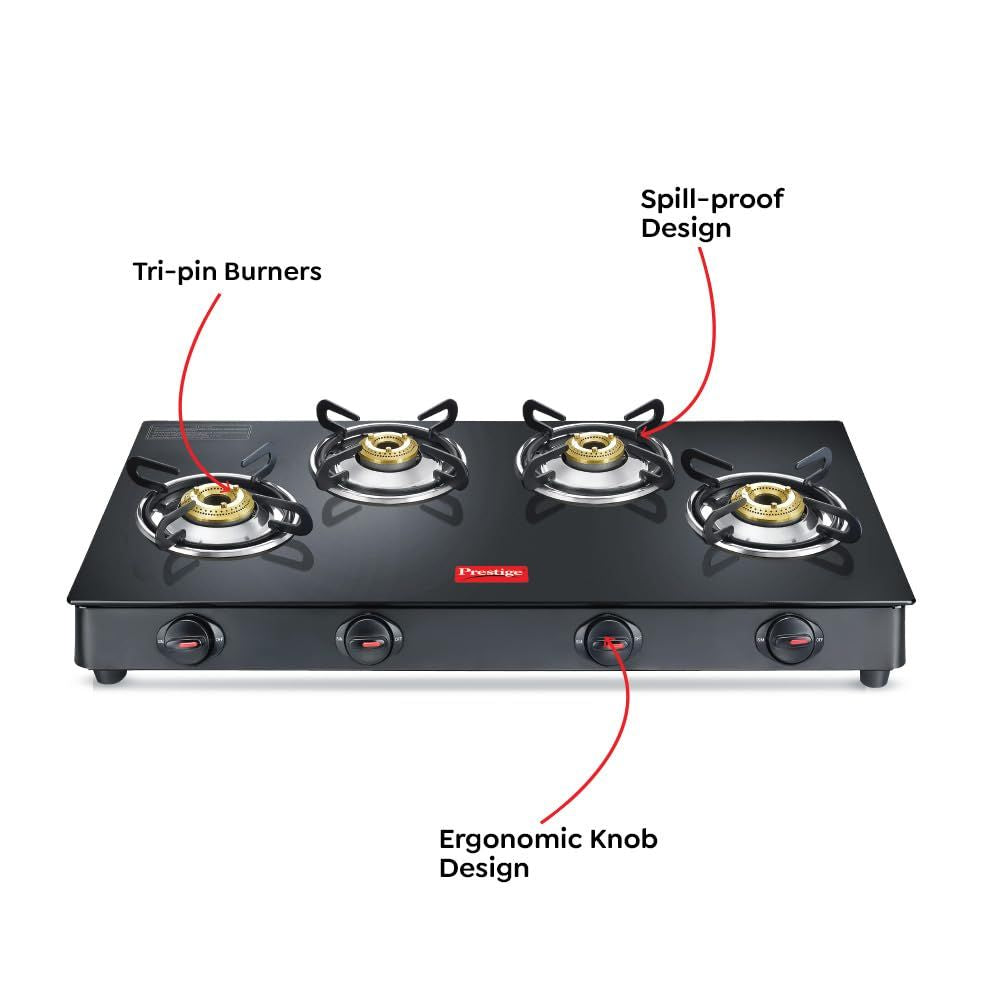 Prestige Magic Plus 4 Burner Powder Coated Toughened Glass Top LP Gas Stove - 6