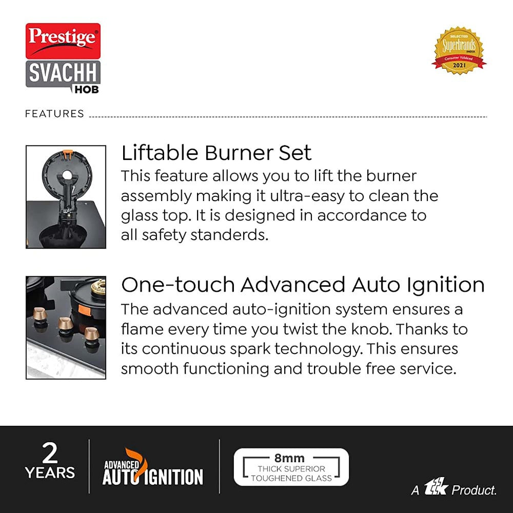 Prestige Svachh PSVH 02 Toughened Glass Top Hobtop with Liftable Burner Set - 5