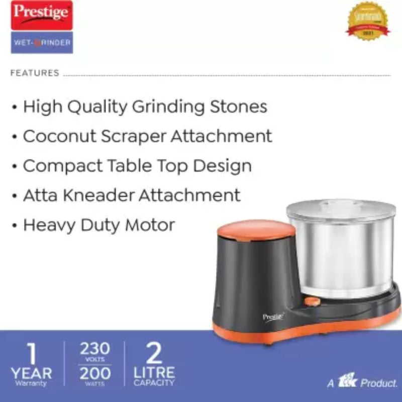 Prestige PWG 07 200 Watts 2 Litre Wet Grinder with Atta Kneader and Coconut Scrapper Attachments - 4