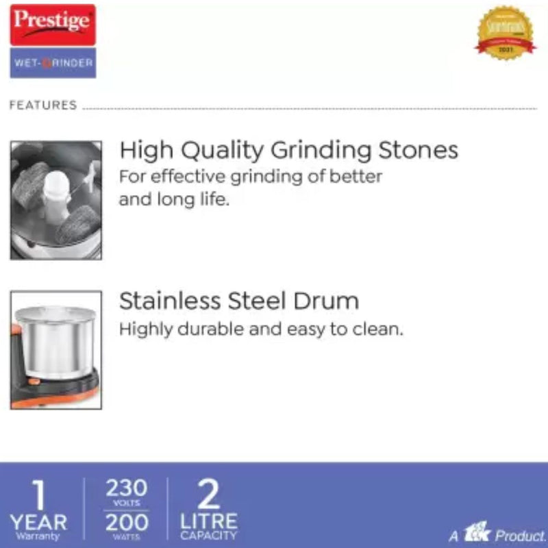 Prestige PWG 07 200 Watts 2 Litre Wet Grinder with Atta Kneader and Coconut Scrapper Attachments - 5