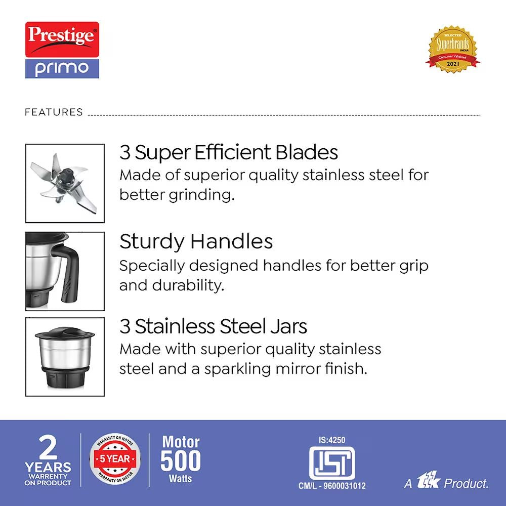 Prestige Primo 500 Watt Mixer Grinder with 3 Jars-4