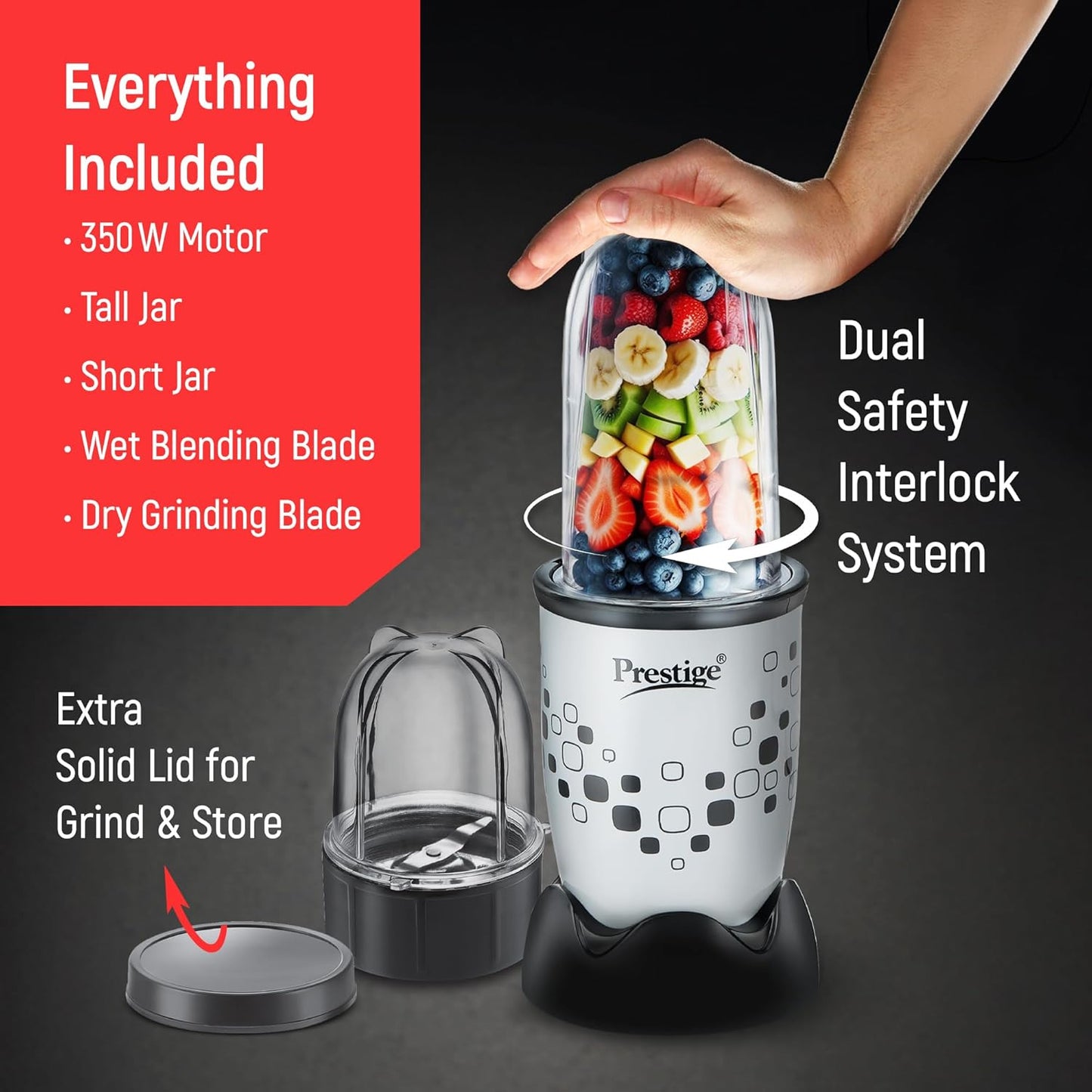 Prestige Nutri-Mix 2.0 350W Mixer Grinder with 2 Multipurpose Jars | Black & Grey