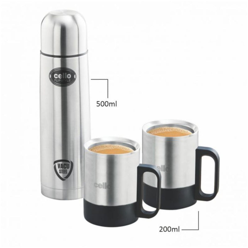 Cello Stainless Steel Classic Gift Set - 500 ML Flask + 200 ML Mug - 3