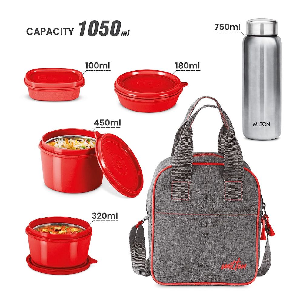 Milton Savor Lunch Tiffin with 4 Container + 1 Aqua 750 ML Bottle + 1 Steel Spoon and 1 Fork - 10