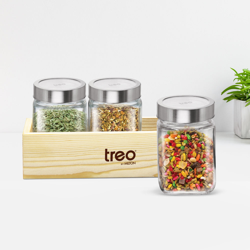 Sea-three7 30枚セット Treo Cuwood Storage Jar with Wooden Tray | Set of 3 Pcs – Rasoi Shop