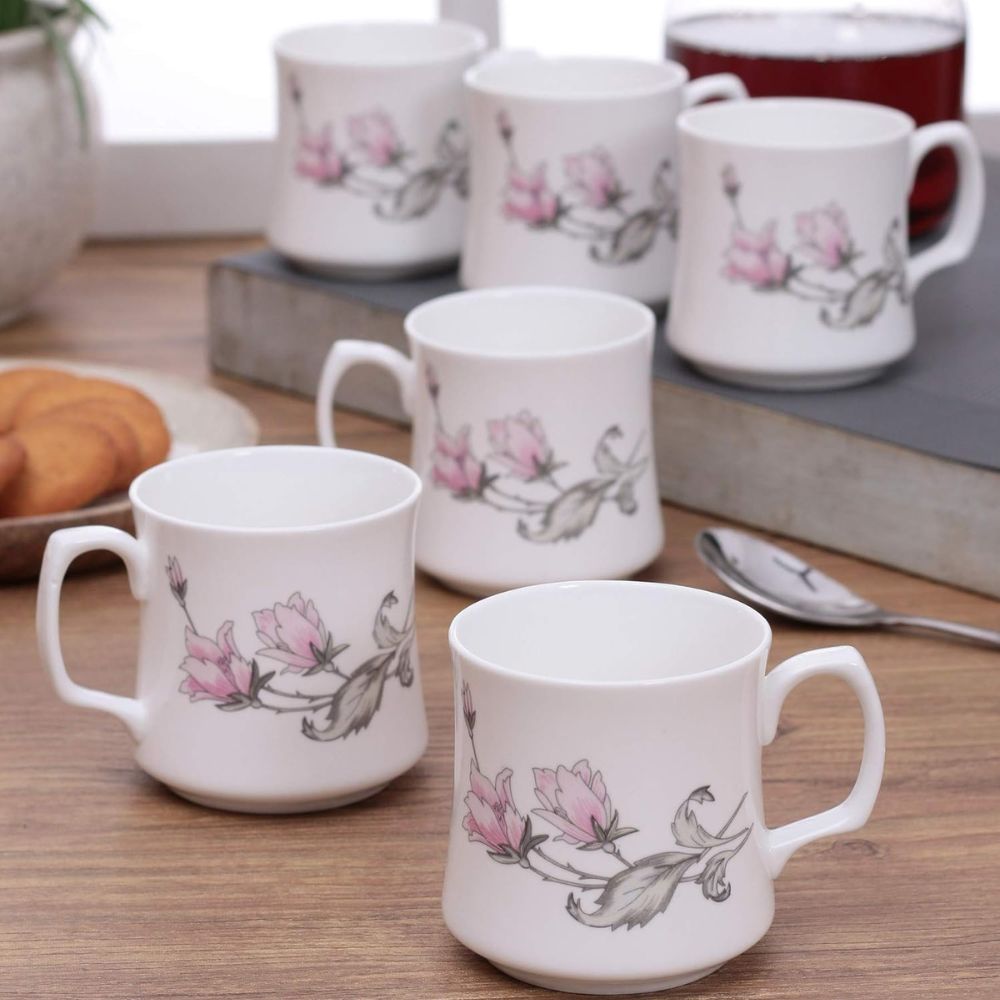 Clay Craft Ceramic Floral Printed 200 ML Coffee Tea Mugs White Set of Pcs