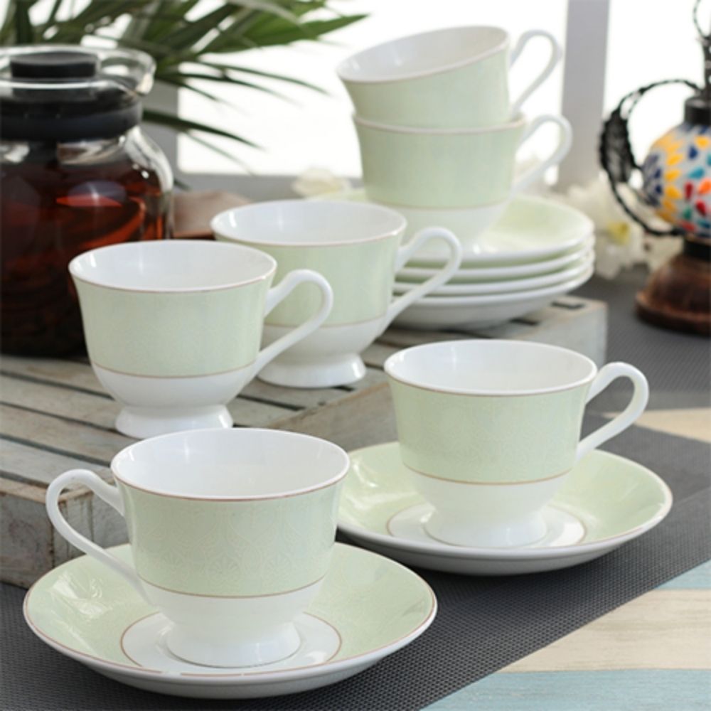 Clay Craft Ceramic New Georgian Printed Cup Saucer Set 210 ML White Green Set of 12 Pcs