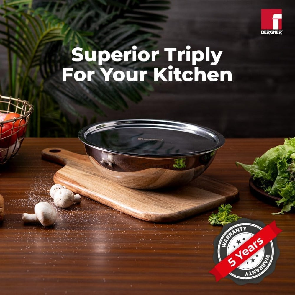 Bergner Argent Tri-Ply Stainless Steel Tasla with Stainless Steel Lid - 10