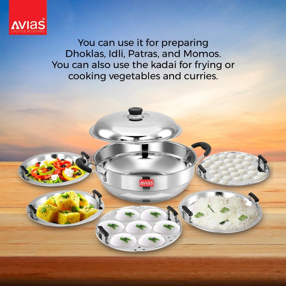 AVIAS All Rounder Multi Kadhai Plus | High Quality And Food-Grade Stainless Steel | Gas & Induction Compatible | Idli with Dhokla Plates-8