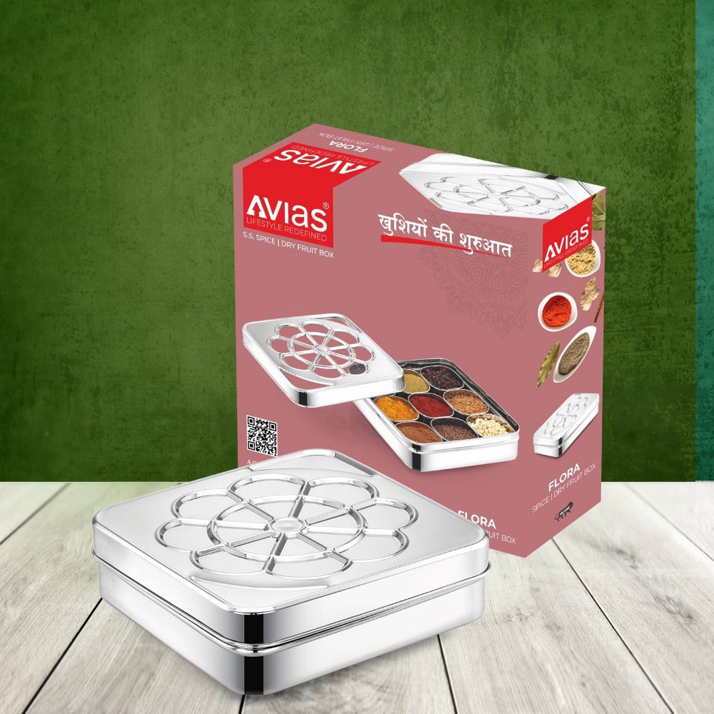 AVIAS Flora 9 Square Dryfruit Cum Spice Box with Stainless Steel lid & Spoon | 1 Pc-6