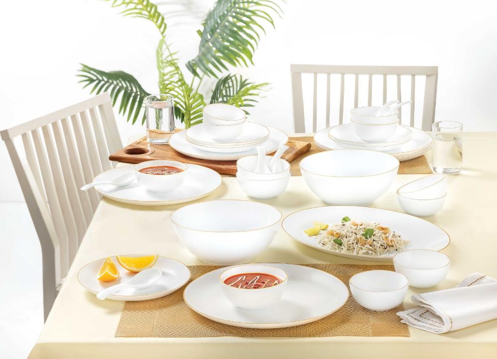 Larah by Borosil Gold Line Kohinoor Series Opalware Dinner Set Set of 45 Pcs