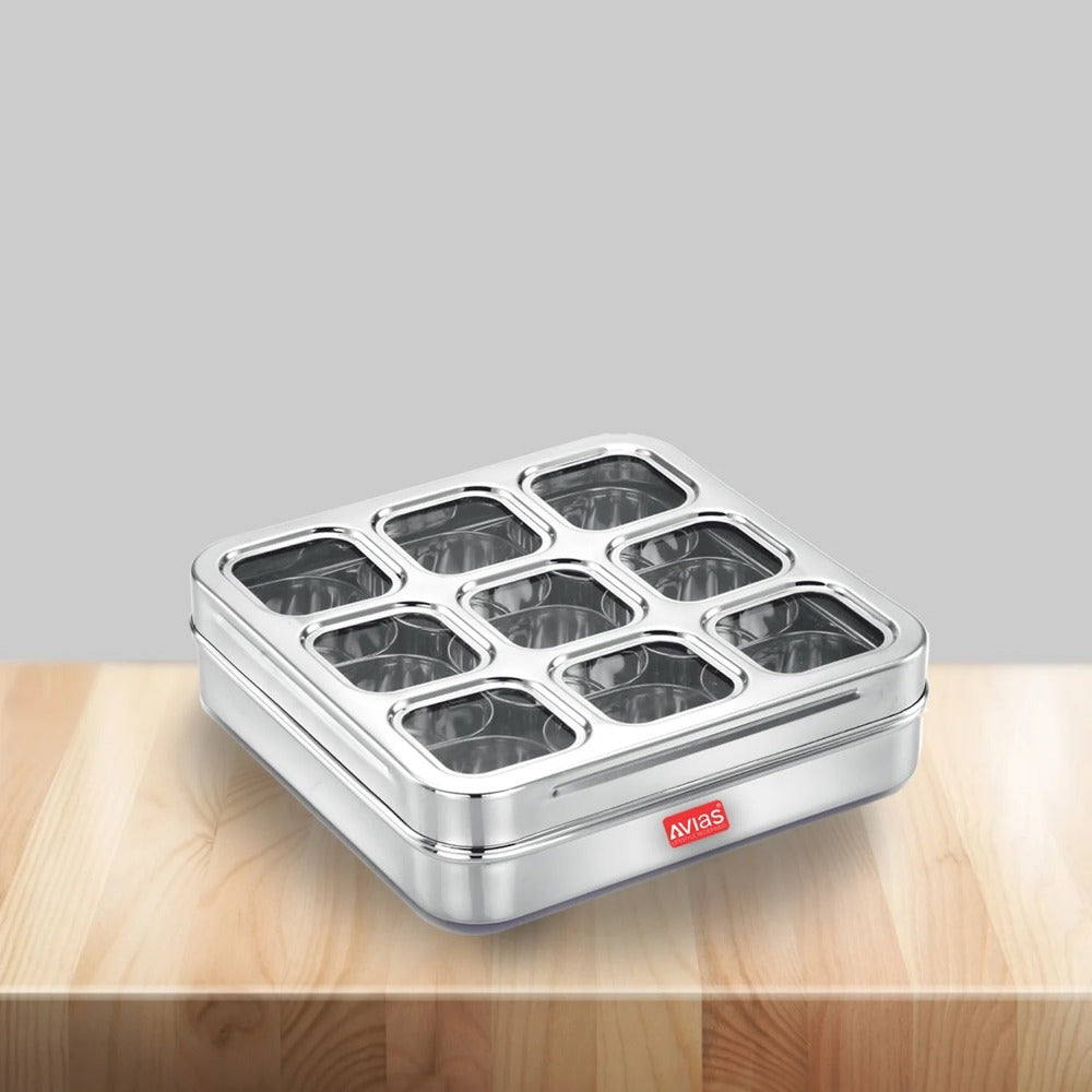 AVIAS Stainless Steel Spice Box with See-Through Lid Compartments and Spoon Silver
