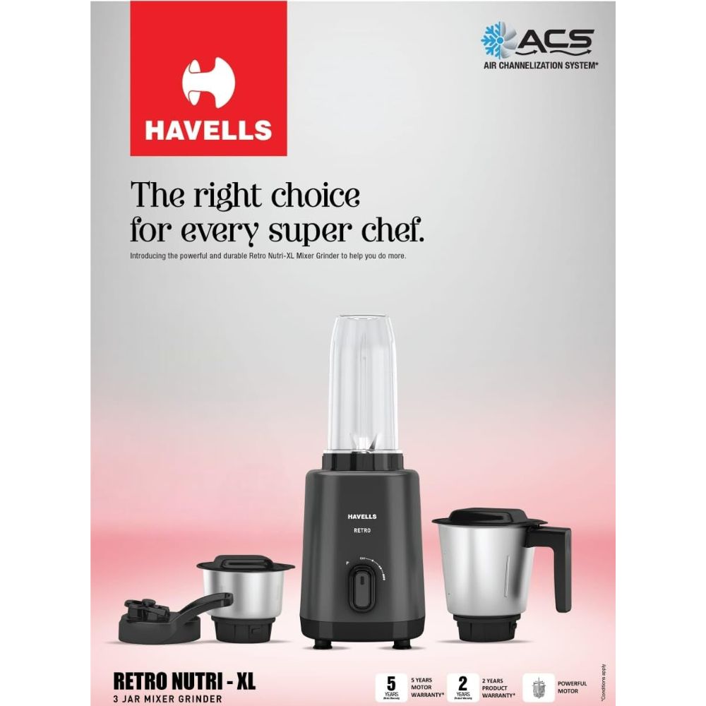 Havells Retro Nutri-XL 500 Watt Mixer Grinder with 3 Jars - 2