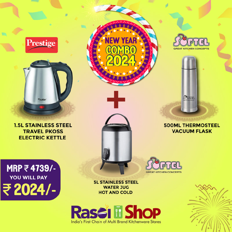 RasoiShop SPECIAL NEW YEAR 2023 Combo - Prestige Electric Kettle PKOSS 1.5 + Treo Iris 325 ML Ceramic Mug + RasoiShop 5 Litre Stainless Steel Water Dispenser - 9