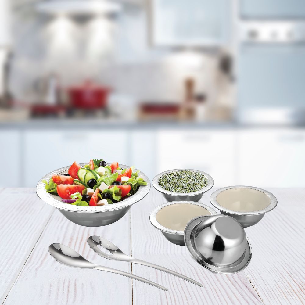 DeStellar Crestia Ivory Hammered Stainless Steel Serving Set