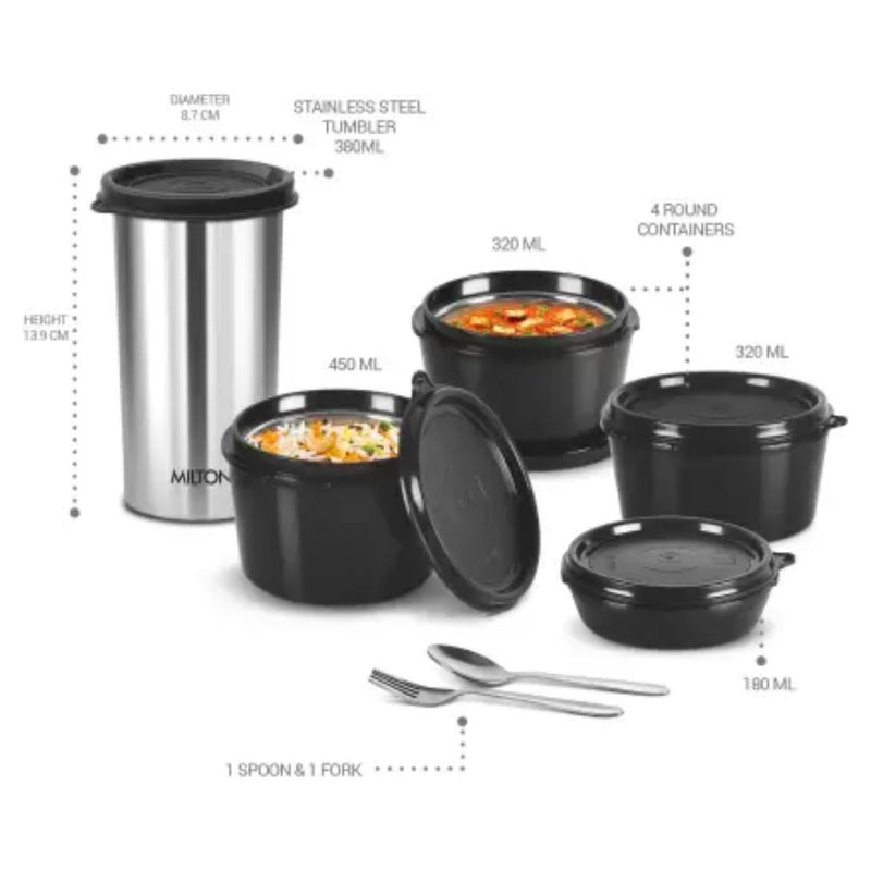 Milton Stye Mate Tiffin with 4 Container + 1 Steel 400 ML Tumbler + 1 Steel Spoon and 1 Fork - 3