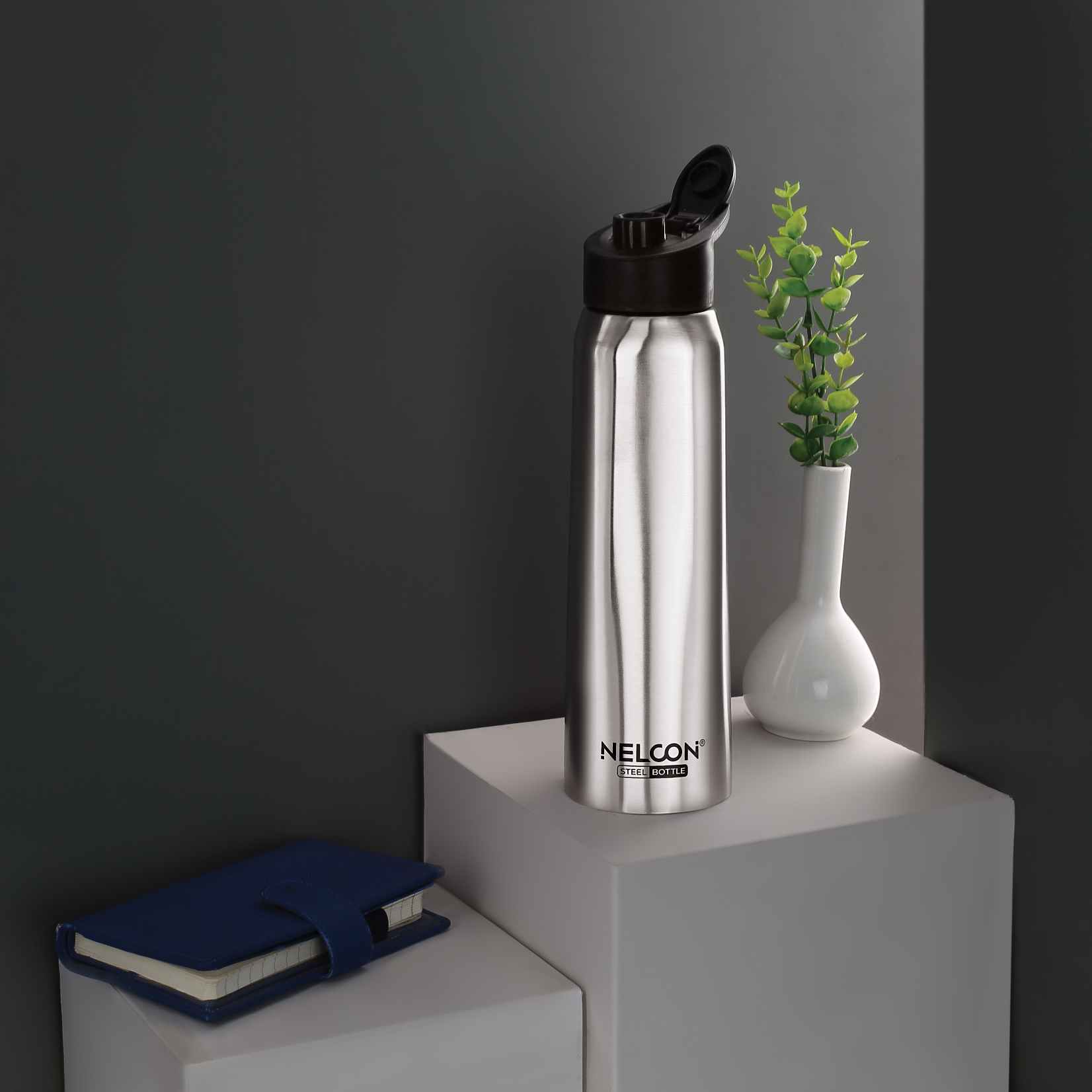 Nelcon Absolute 1000 Stainless Steel Water Bottle with Sipper Cap Silver Pc