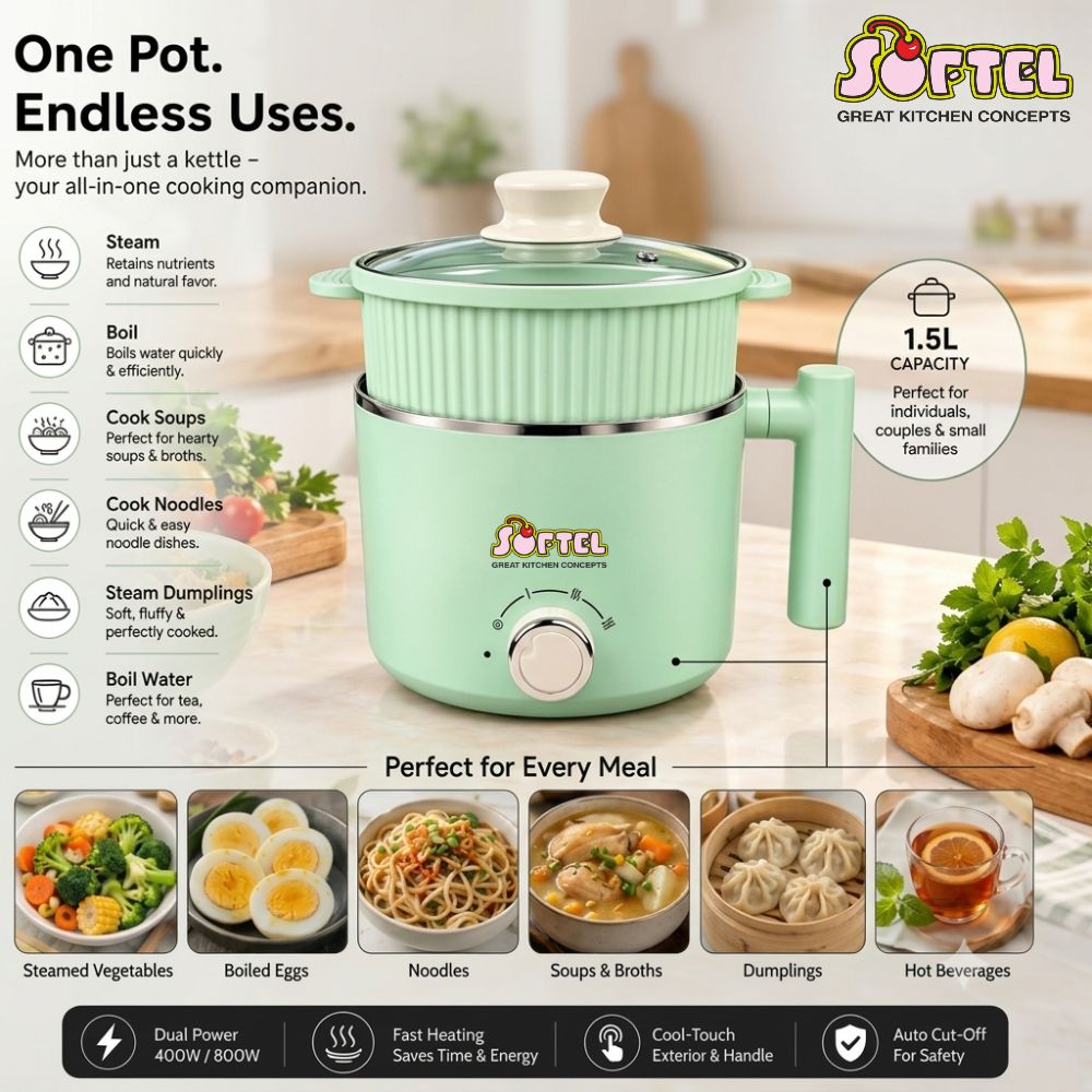 Softel Classic 600 Watts 1.5 Litre Multipurpose Electric Kettle with Steamer - 6