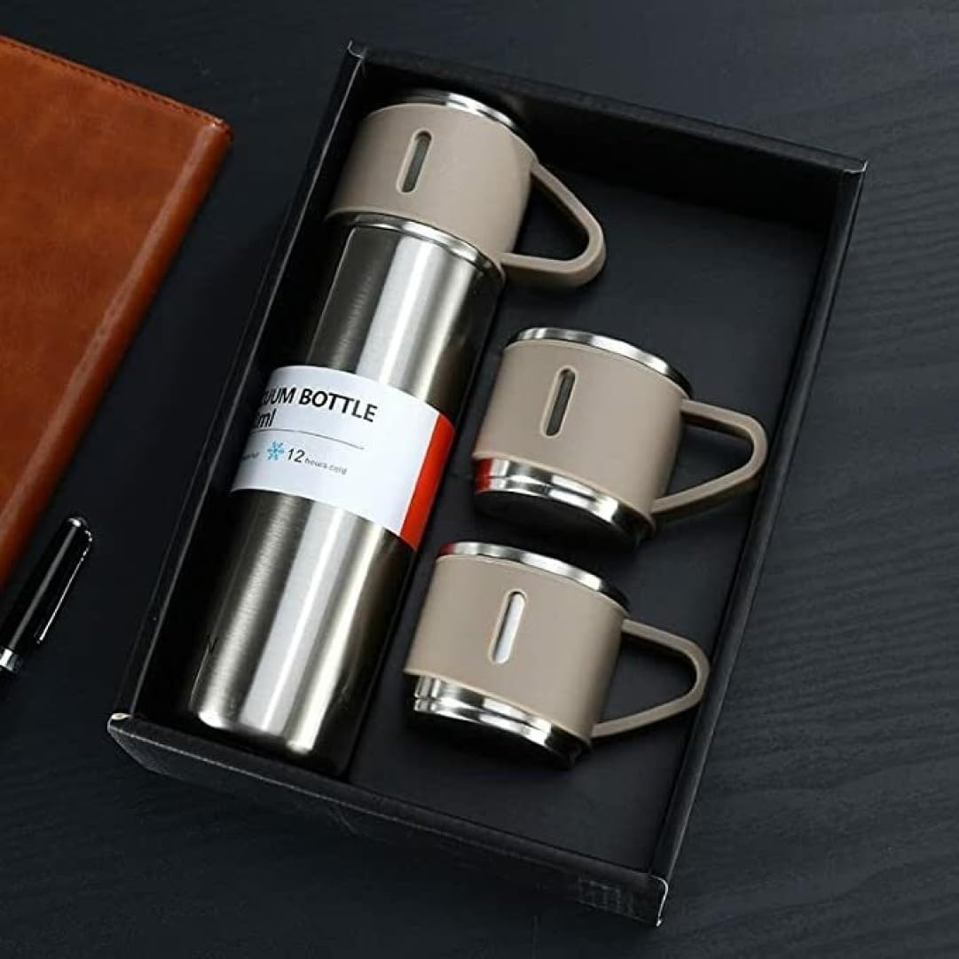 Stainless Steel Vacuum Flask Set with 3 Steel Cups | Set of 3 Pcs