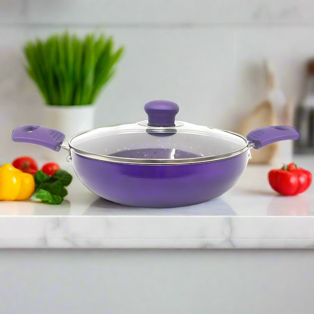 Softel Designer Non-Stick Kadhai With Glass Lid | Gas & Induction Compatible | Purple - 3