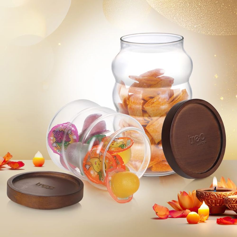 Treo Borosilicate Belly 500 ML Storage Glass Jar with Wooden Lid - 4
