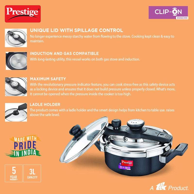 Prestige Clip-on Svachh Induction Base Aluminum Pressure cooker with Glass Lid | Hard Anodised