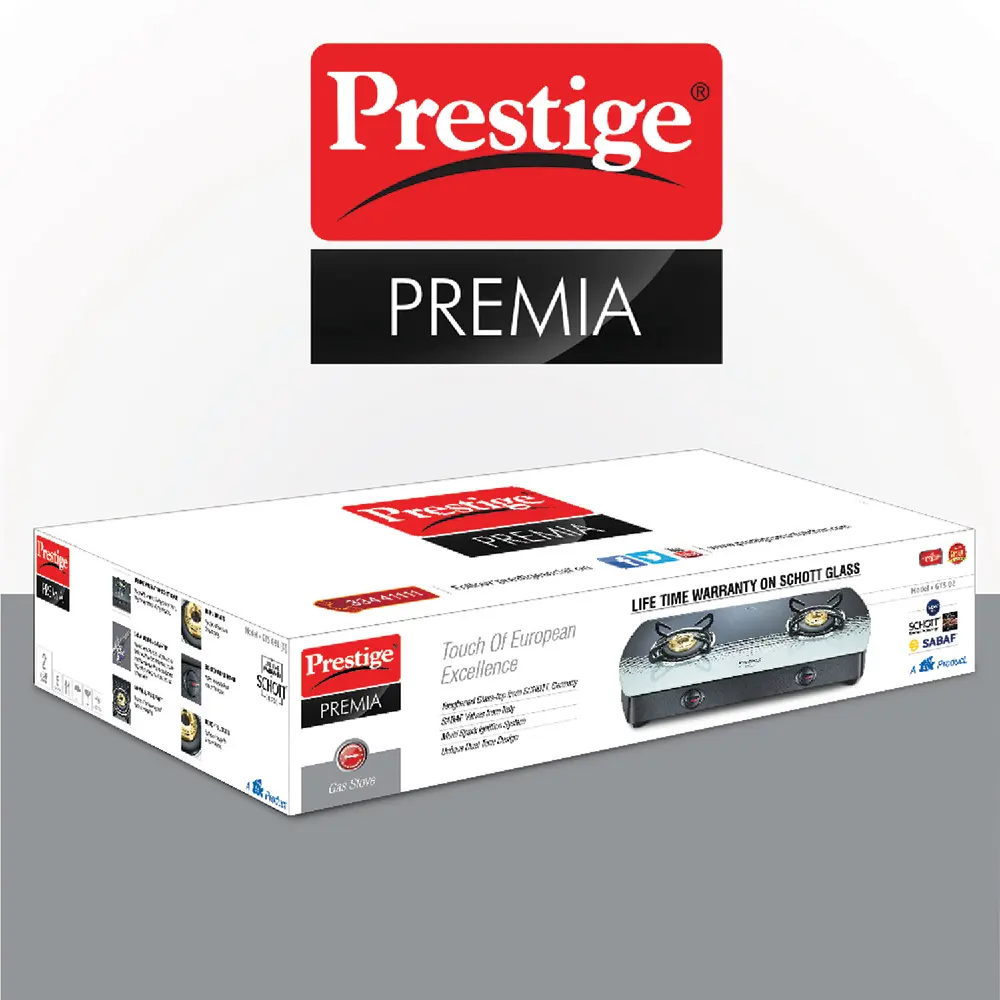 Prestige Premia Schott Glass Top 2 Burners Gas Stove | Black & White