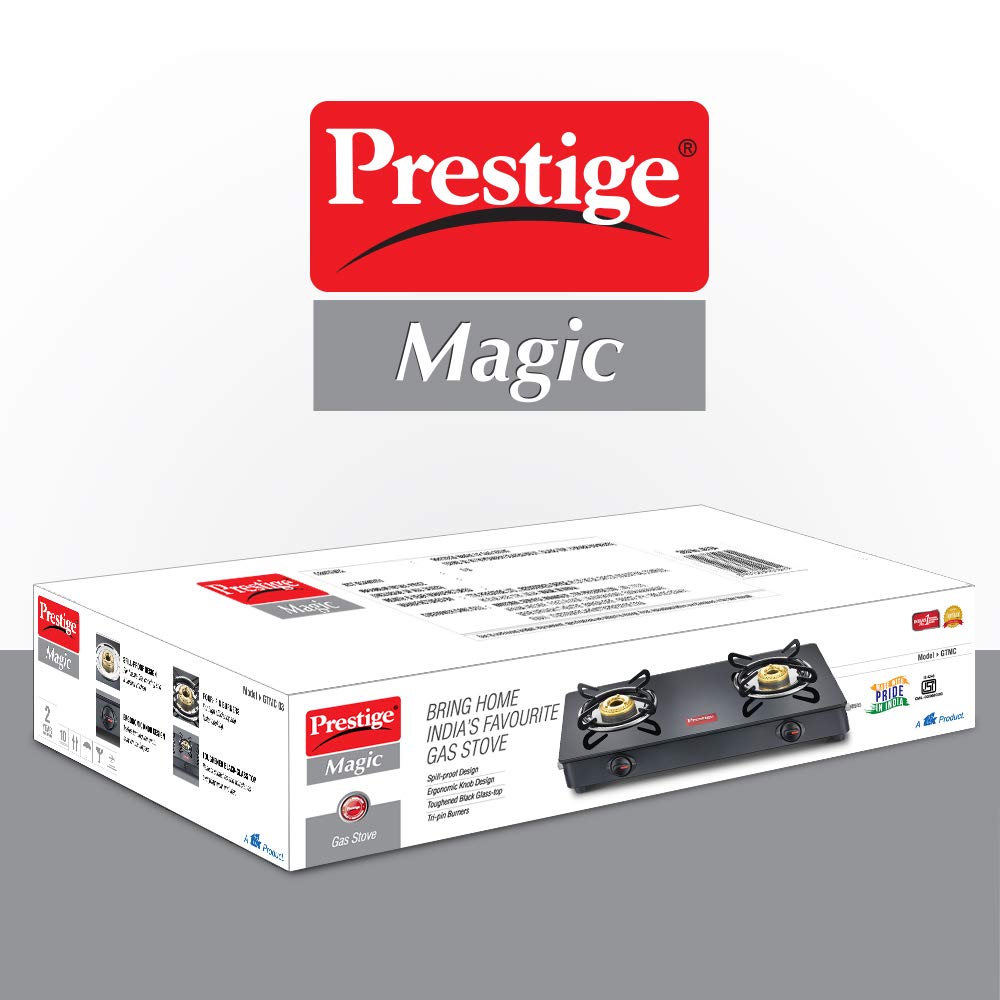 Prestige Magic Glass Top 2 Burner Gas Stove, Manual Ignition, Black