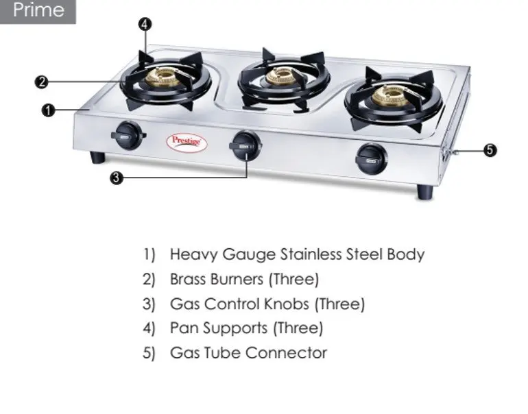 Prestige Prime 3 Burner Stainless Steel Gas Stove | Silver