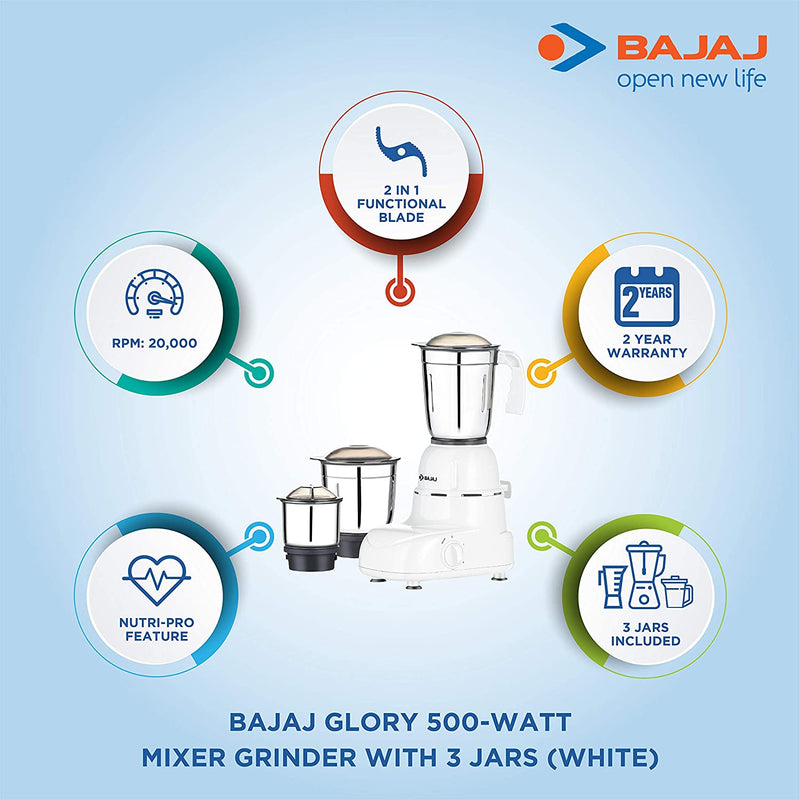 Bajaj Glory 500-Watt Mixer Grinder with 3 Jars - 410167 - 3