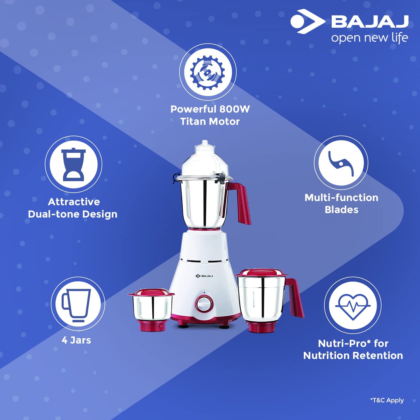 Bajaj GX 4701 800 Watts Mixer Grinder with 4 Jars - 410514 - 6