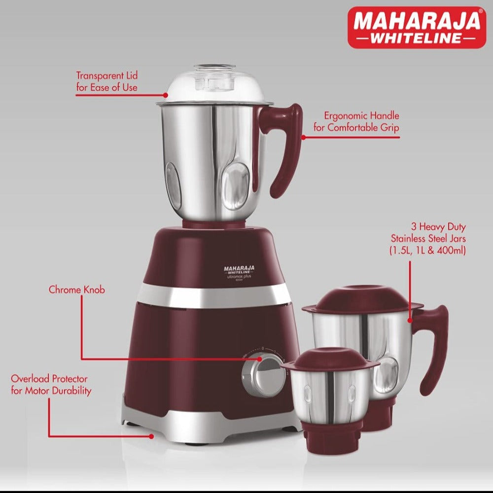 Maharaja Whiteline Ultramax Plus 800 Watt Mixer Grinder with 3 Jars - 7