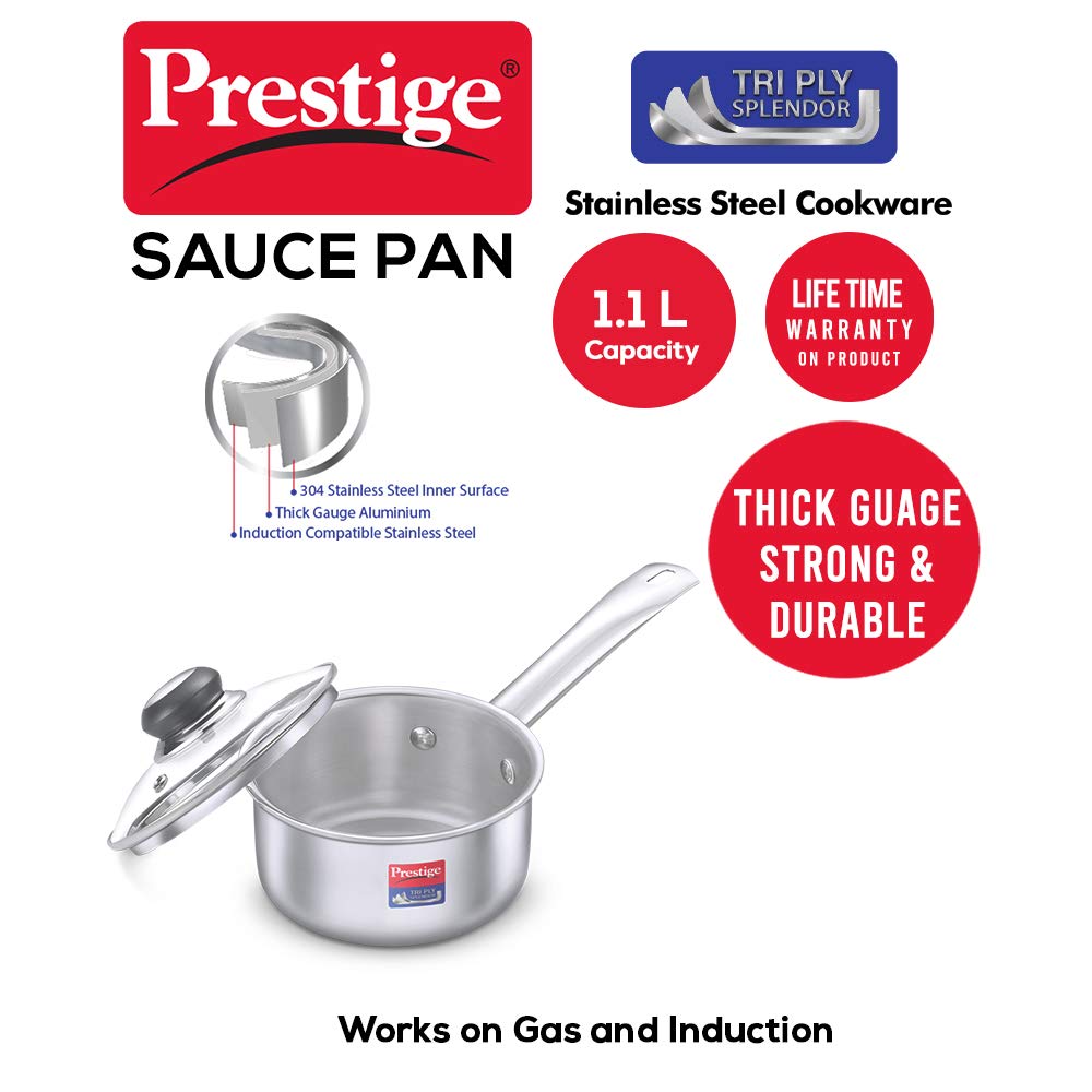 Prestige Stainless Steel Tri Ply Splendor Sauce Pan With Glass Lid