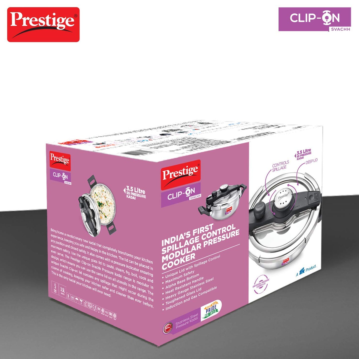 Prestige Clip-on Svachh Stainless Steel Pressure Kadai Cooker 3.5 Liter with Glass Lid