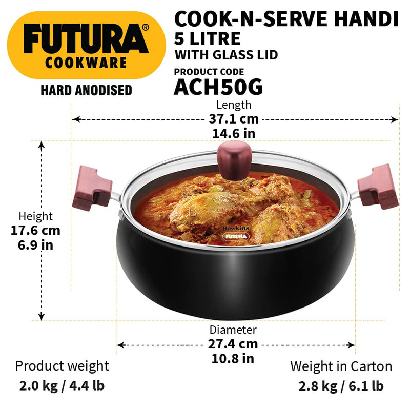 Hawkins Futura Hard Anodised Cook n Serve Handi with Glass Lid - ACH50G - 17