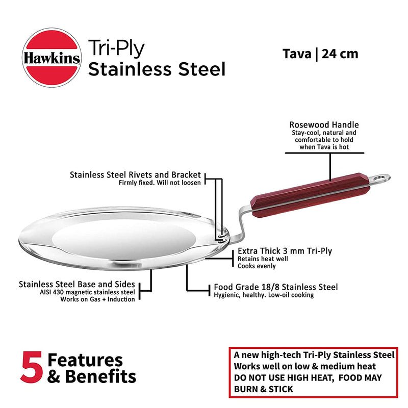 Hawkins Tri-Ply Stainless Steel Induction Compatible Tava, Diameter 24 cm, Thickness 3.5 mm, Silver (SSTV24)