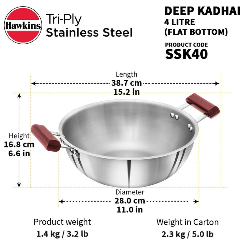 Hawkins Tri-Ply Stainless Steel Kadhai 4 L - 10
