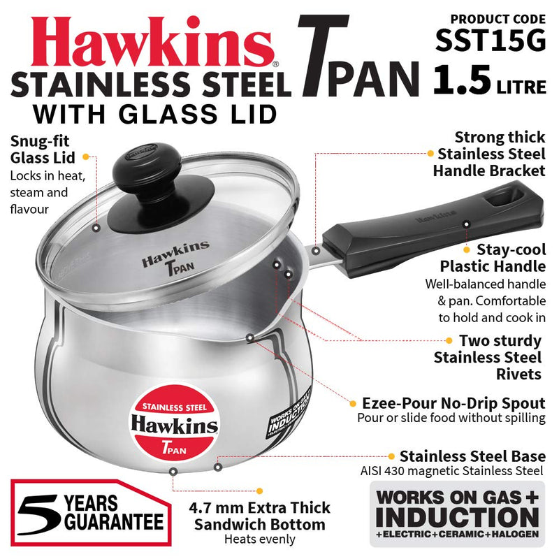 Hawkins Stainless Steel Induction Compatible TPan (Saucepan) - 1.5 Litre - With Glass Lid - 18