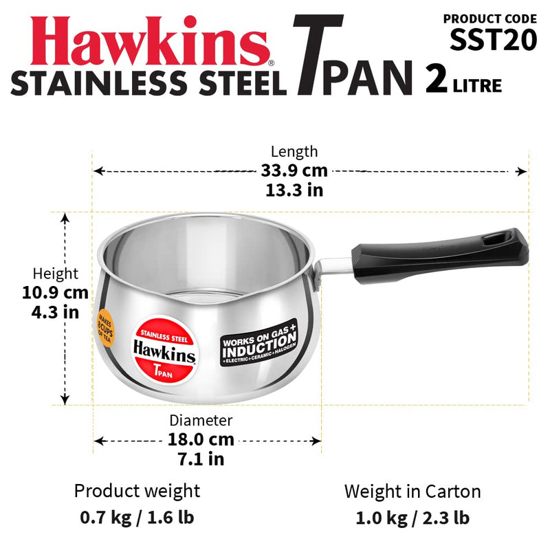Hawkins Stainless Steel Induction Compatible TPan (Saucepan) - 2 Litre - Without Lid - 24